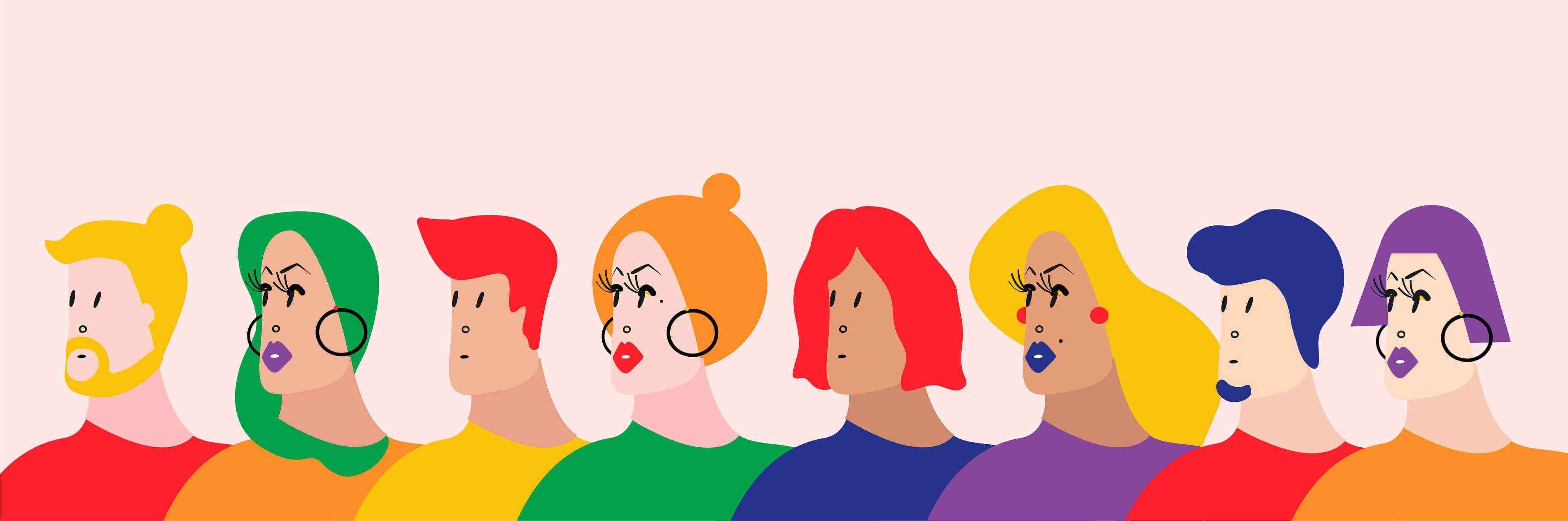 Stylised illustration of a group of people of various genders
